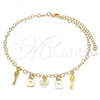 Oro Laminado Charm Anklet , Gold Filled Style Heart and Love Design, Polished, Golden Finish, 03.63.2209.10