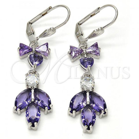 Rhodium Plated Long Earring, Leaf and Heart Design, with Amethyst and White Cubic Zirconia, Polished, Rhodium Finish, 02.205.0055.8