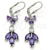 Rhodium Plated Long Earring, Leaf and Heart Design, with Amethyst and White Cubic Zirconia, Polished, Rhodium Finish, 02.205.0055.8
