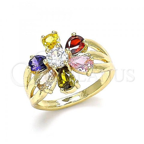 Oro Laminado Multi Stone Ring, Gold Filled Style Flower Design, with Multicolor Cubic Zirconia, Polished, Golden Finish, 01.210.0143.07