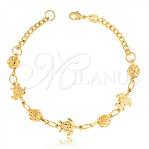 Oro Laminado Fancy Bracelet, Gold Filled Style Turtle and Rolo Design, Polished, Golden Finish, 03.32.0155