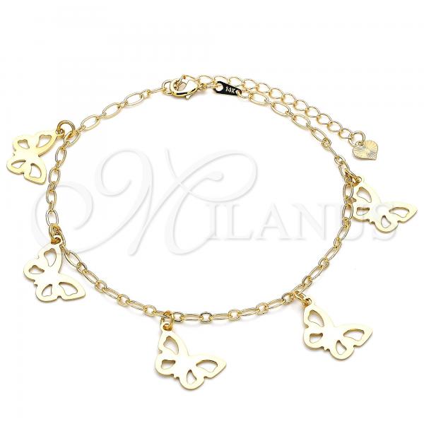 Oro Laminado Charm Anklet , Gold Filled Style Butterfly Design, Polished, Golden Finish, 03.63.2193.10