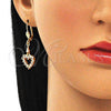 Oro Laminado Long Earring, Gold Filled Style Heart Design, with White Cubic Zirconia, Polished, Golden Finish, 02.213.0321