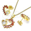 Oro Laminado Earring and Pendant Adult Set, Gold Filled Style Heart Design, with Garnet and White Cubic Zirconia, Polished, Golden Finish, 10.210.0070.9