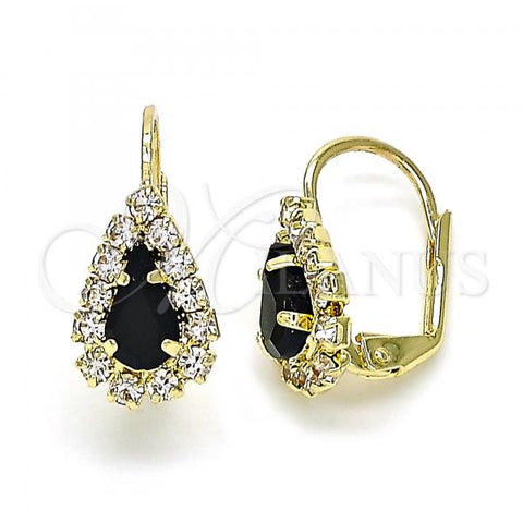 Oro Laminado Leverback Earring, Gold Filled Style Teardrop Design, with Black and White Crystal, Polished, Golden Finish, 5.125.012.7