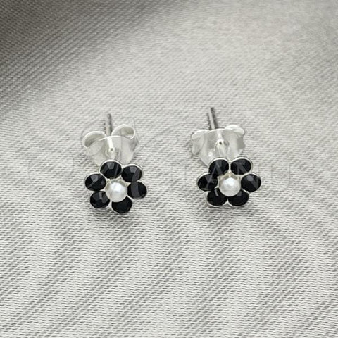 Sterling Silver Stud Earring, Flower Design, with Black Crystal, Polished, Silver Finish, 02.406.0013.03