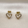 Oro Laminado Stud Earring, Gold Filled Style Heart Design, with White Micro Pave, Polished, Golden Finish, 02.213.0786