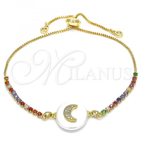 Oro Laminado Adjustable Bolo Bracelet, Gold Filled Style Moon Design, with White and Multicolor Cubic Zirconia, Polished, Golden Finish, 03.63.2120.10