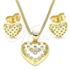 Oro Laminado Earring and Pendant Adult Set, Gold Filled Style Heart Design, with White Micro Pave, Polished, Golden Finish, 10.156.0291