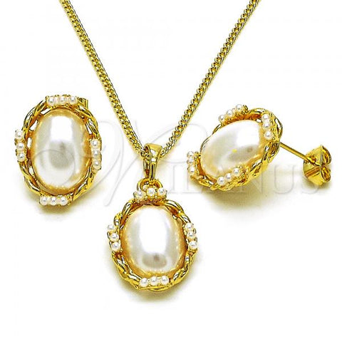 Oro Laminado Earring and Pendant Adult Set, Gold Filled Style with Ivory Pearl, Polished, Golden Finish, 10.379.0081