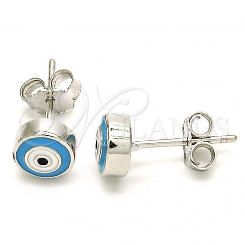 Sterling Silver Stud Earring, Evil Eye Design, with Blue Topaz Opal, Light Blue Enamel Finish, Rhodium Finish, 02.336.0092