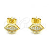 Oro Laminado Stud Earring, Gold Filled Style Lips Design, with White Micro Pave, Polished, Golden Finish, 02.344.0105