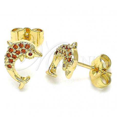 Oro Laminado Stud Earring, Gold Filled Style Dolphin Design, with Garnet Micro Pave, Polished, Golden Finish, 02.344.0064.1