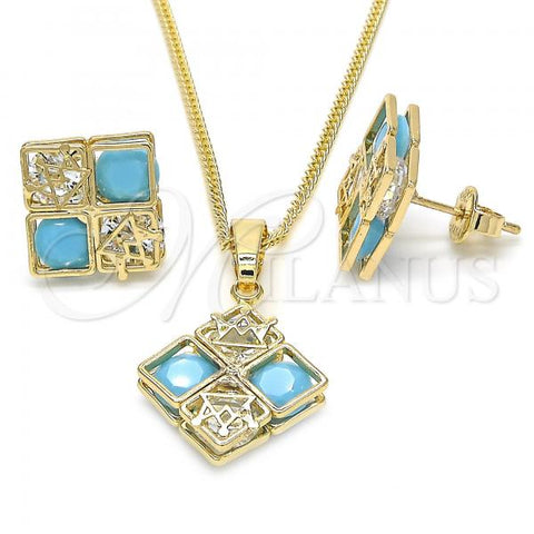 Oro Laminado Earring and Pendant Adult Set, Gold Filled Style Crown Design, with Turquoise and White Cubic Zirconia, Polished, Golden Finish, 10.106.0006.2