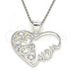 Sterling Silver Fancy Pendant, Heart and Mom Design, with White Cubic Zirconia, Polished,, 05.398.0016