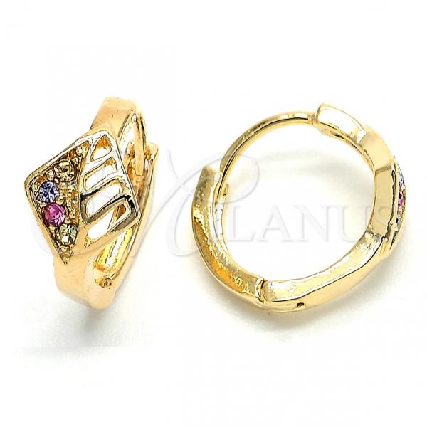 Oro Laminado Huggie Hoop, Gold Filled Style Leaf Design, with Multicolor Crystal, Polished, Golden Finish, 02.165.0145.1