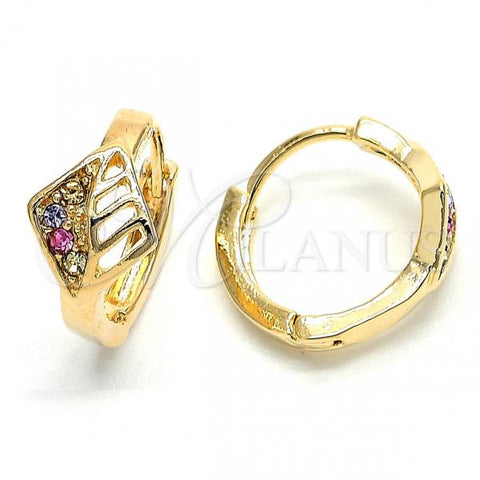 Oro Laminado Huggie Hoop, Gold Filled Style Leaf Design, with Multicolor Crystal, Polished, Golden Finish, 02.165.0145.1