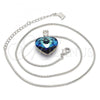 Rhodium Plated Pendant Necklace, Heart and Rat Tail Design, with Bermuda Blue Swarovski Crystals and White Crystal, Polished, Rhodium Finish, 04.239.0018.16