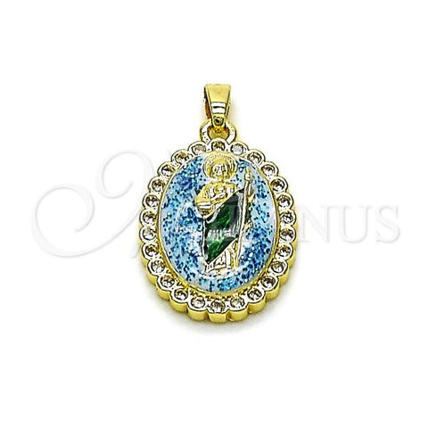 Oro Laminado Religious Pendant, Gold Filled Style San Judas Design, with White Cubic Zirconia, Light Blue Enamel Finish, Two Tone, 05.284.0018.2