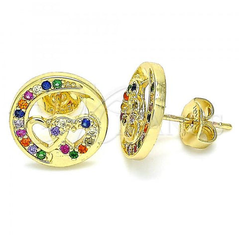 Oro Laminado Stud Earring, Gold Filled Style Heart Design, with Multicolor Micro Pave, Polished, Golden Finish, 02.156.0397.3