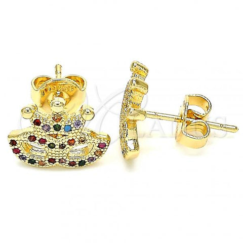 Oro Laminado Stud Earring, Gold Filled Style Crown Design, with Multicolor Micro Pave, Polished, Golden Finish, 02.233.0007