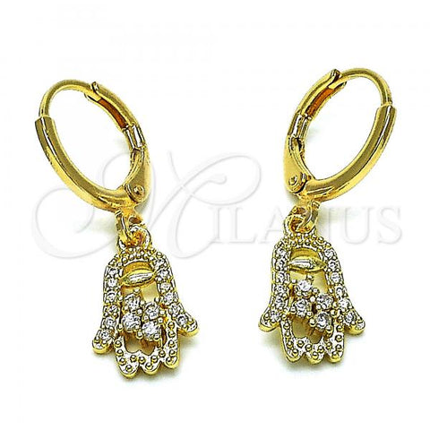 Oro Laminado Dangle Earring, Gold Filled Style Hand of God Design, with White Cubic Zirconia and White Micro Pave, Polished, Golden Finish, 02.253.0052