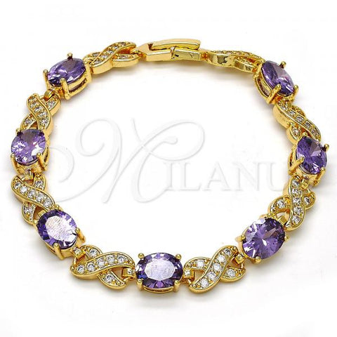 Oro Laminado Tennis Bracelet, Gold Filled Style Hugs and Kisses Design, with Amethyst and White Cubic Zirconia, Polished, Golden Finish, 03.206.0001.6.07