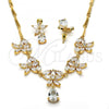 Oro Laminado Necklace and Earring, Gold Filled Style Flower and Teardrop Design, with White Cubic Zirconia, Polished, Golden Finish, 06.205.0003