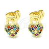 Oro Laminado Stud Earring, Gold Filled Style Lock and Heart Design, with Multicolor Micro Pave, Polished, Golden Finish, 02.210.0428.1