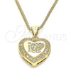 Oro Laminado Pendant Necklace, Gold Filled Style Heart and Love Design, with White Micro Pave, Polished, Golden Finish, 04.156.0349.20