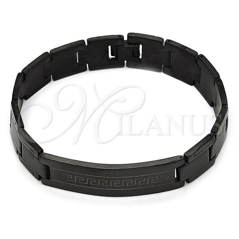 Stainless Steel Solid Bracelet, Greek Key Design, Polished, Black Rhodium Finish, 03.114.0219.4.09