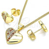 Oro Laminado Earring and Pendant Adult Set, Gold Filled Style Heart Design, with Garnet and White Micro Pave, Polished, Golden Finish, 10.156.0292.1
