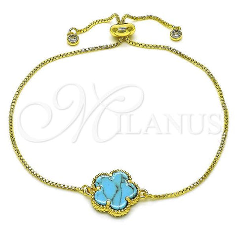 Oro Laminado Adjustable Bolo Bracelet, Gold Filled Style Flower and Box Design, with Turquoise Opal and White Cubic Zirconia, Polished, Golden Finish, 03.313.0041.4.11