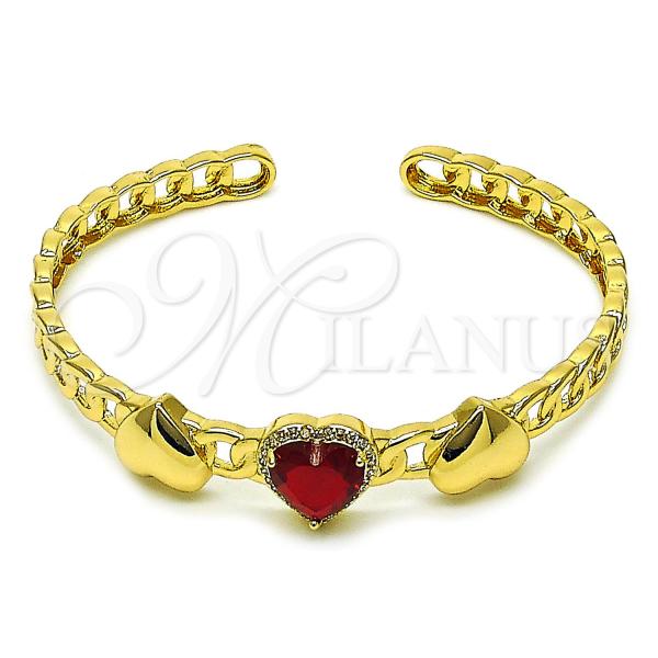 Oro Laminado Individual Bangle, Gold Filled Style Heart and Cluster Design, with Garnet Cubic Zirconia and White Micro Pave, Polished, Golden Finish, 07.282.0010.1