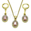 Oro Laminado Earring and Pendant Adult Set, Gold Filled Style with Pink Cubic Zirconia and White Micro Pave, Polished, Golden Finish, 10.387.0007