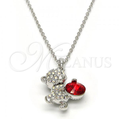 Rhodium Plated Pendant Necklace, Teddy Bear Design, with Siam and Aurore Boreale Swarovski Crystals, Polished, Rhodium Finish, 04.239.0041.8.18