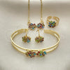 Oro Laminado Necklace, Bracelet, Earring and Ring, Gold Filled Style Flower Design, with Multicolor Cubic Zirconia, Polished, Golden Finish, 06.165.0009