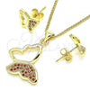 Oro Laminado Earring and Pendant Adult Set, Gold Filled Style Butterfly Design, with Garnet Micro Pave, Polished, Golden Finish, 10.156.0266.2