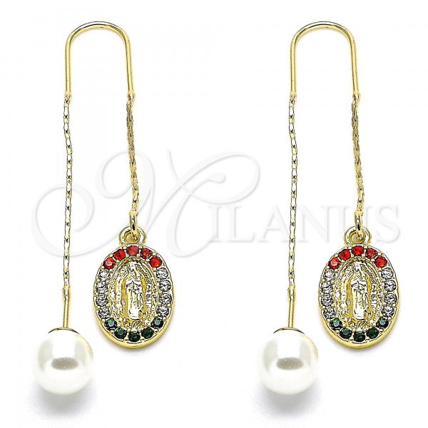 Oro Laminado Threader Earring, Gold Filled Style Guadalupe Design, with Multicolor Crystal, Polished, Golden Finish, 02.253.0008.1