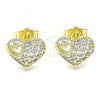 Oro Laminado Stud Earring, Gold Filled Style Heart Design, with White Micro Pave, Polished, Golden Finish, 02.283.0034