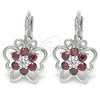 Rhodium Plated Leverback Earring, Butterfly and Flower Design, with Garnet and White Cubic Zirconia, Polished, Rhodium Finish, 02.210.0221.5