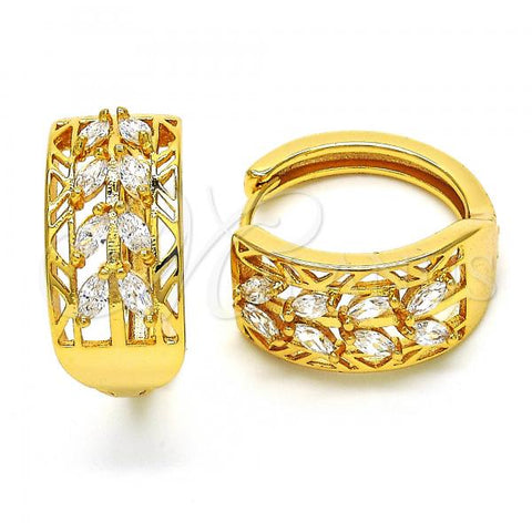 Oro Laminado Huggie Hoop, Gold Filled Style Leaf Design, with White Cubic Zirconia, Polished, Golden Finish, 02.287.0003.1.20
