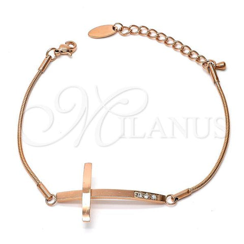 Stainless Steel Fancy Bracelet, Cross and Rat Tail Design, with White Cubic Zirconia, Rose Gold Finish, 03.138.31803.08