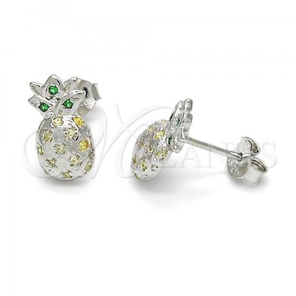 Sterling Silver Stud Earring, Pineapple Design, with Green and White Micro Pave, Polished,, 02.285.0036