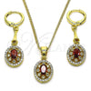 Oro Laminado Earring and Pendant Adult Set, Gold Filled Style with Garnet Cubic Zirconia and White Micro Pave, Polished, Golden Finish, 10.387.0009