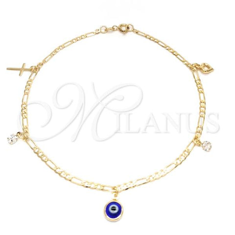 Oro Laminado Charm Anklet , Gold Filled Style Evil Eye and Cross Design, Polished, Golden Finish, 03.58.0012.10