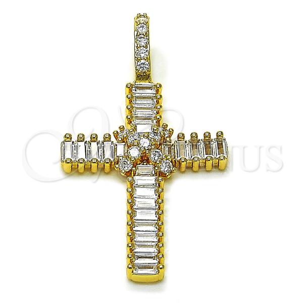 Oro Laminado Religious Pendant, Gold Filled Style Cross and Baguette Design, with White Cubic Zirconia, Polished, Golden Finish, 05.342.0232