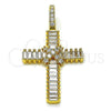 Oro Laminado Religious Pendant, Gold Filled Style Cross and Baguette Design, with White Cubic Zirconia, Polished, Golden Finish, 05.342.0232