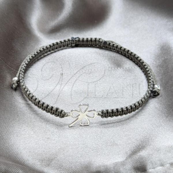 Sterling Silver Adjustable Bolo Bracelet, Four-leaf Clover and Ball Design, Silver Finish, 03.426.0026.07