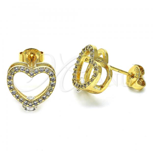 Oro Laminado Stud Earring, Gold Filled Style Heart Design, with White Micro Pave, Polished, Golden Finish, 02.94.0093